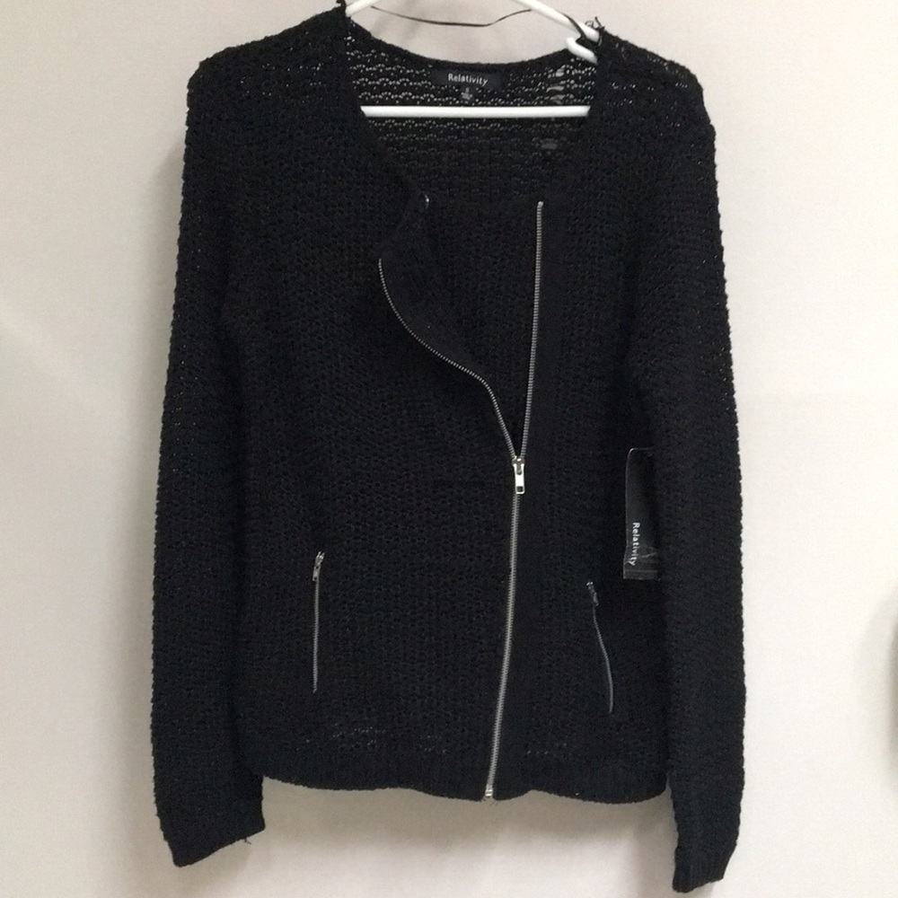 NWT!* Black Knit Zip-Up Sweater w/ Silver Zippers - Picture 2 of 8